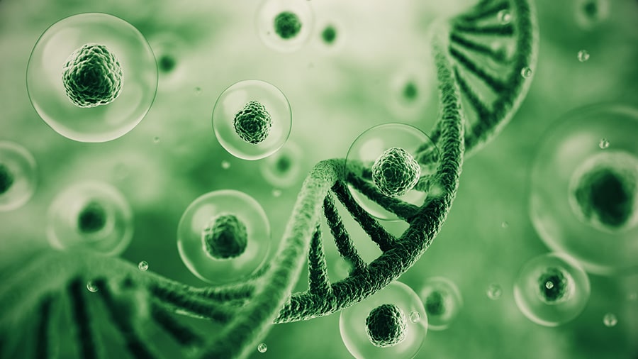 3d rendering Colorful DNA and flying Human cell or Embryonic stem cell on microscope background, Depth Of Field. Regenerative Injections in Tampa